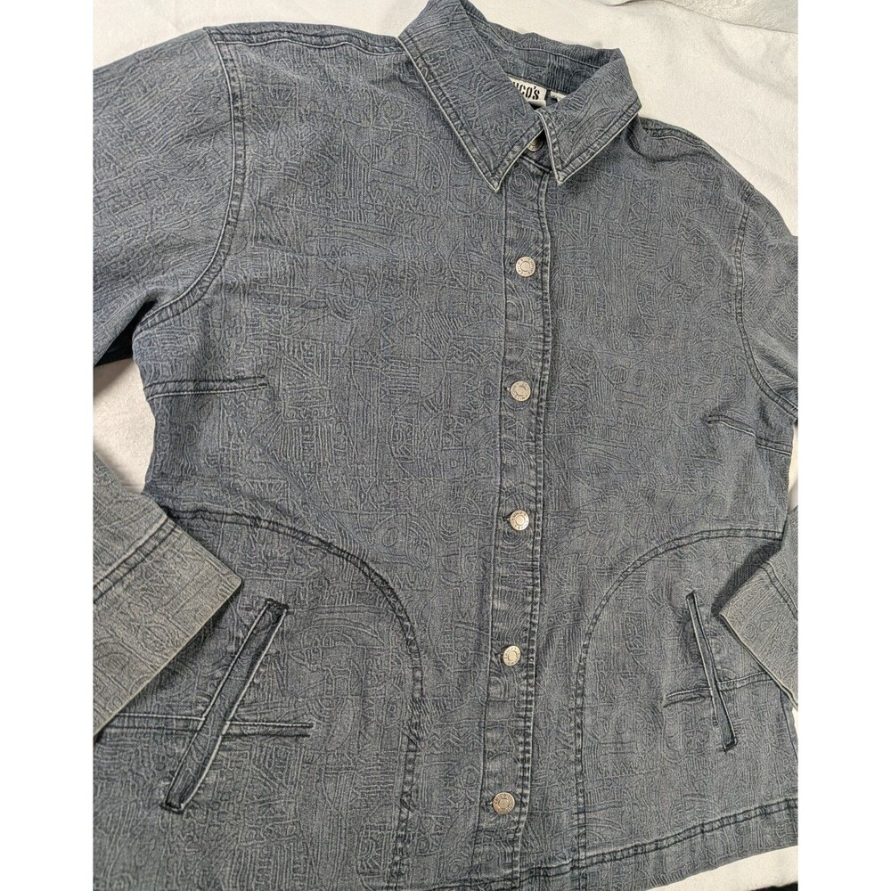 Vintage Chico's Design Denim Jacket Women's Size 2 L Gray Abstract Art to Wear 9